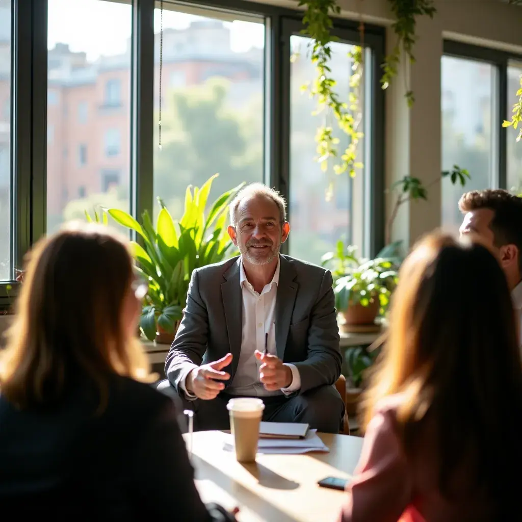 Hombre realizando yoga en una clase al aire libre.