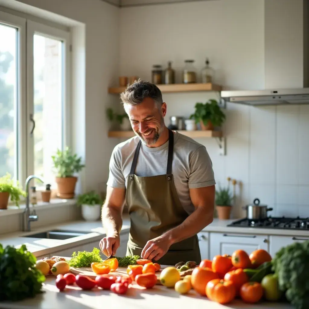 Hombre participando en una clase de cocina saludable.
